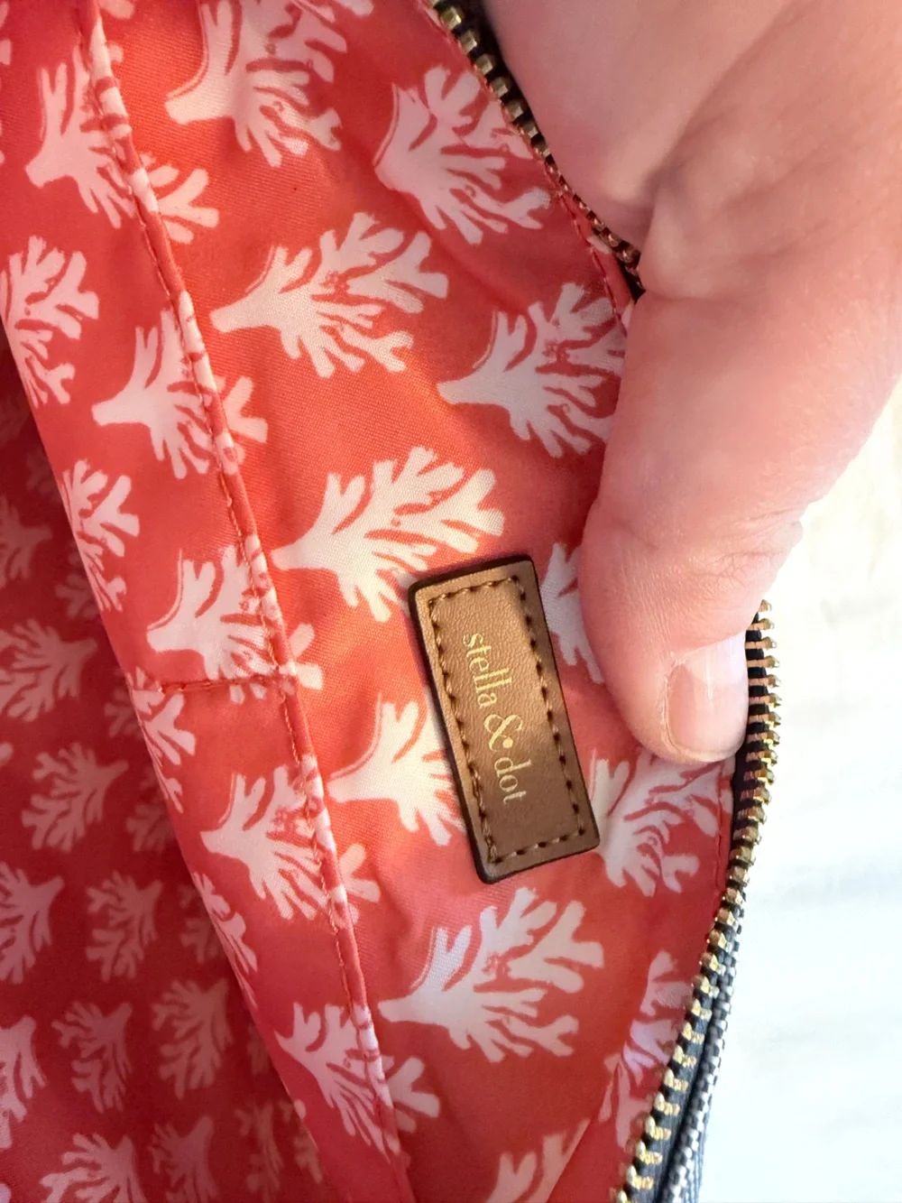 Stella & Dot Striped Canvas Zip Pouch with Coral Script